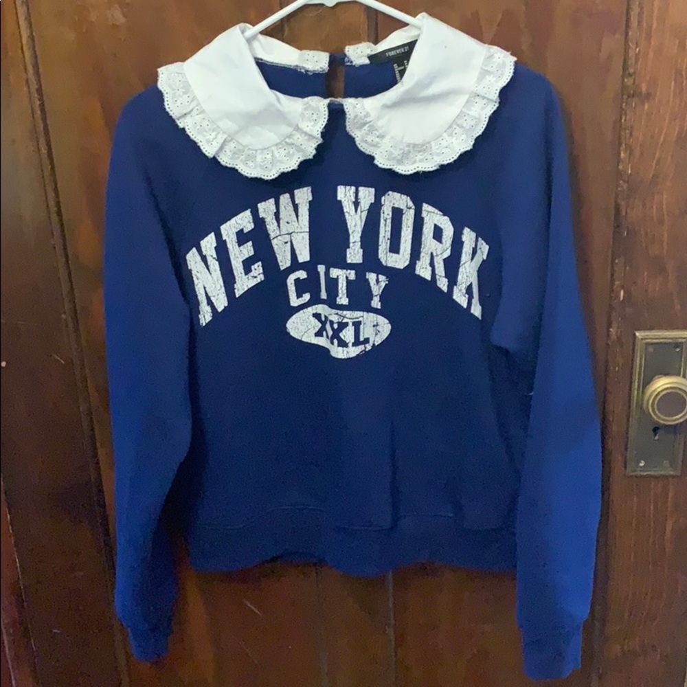 F21 navy New York City sweatshirt w lacy collar